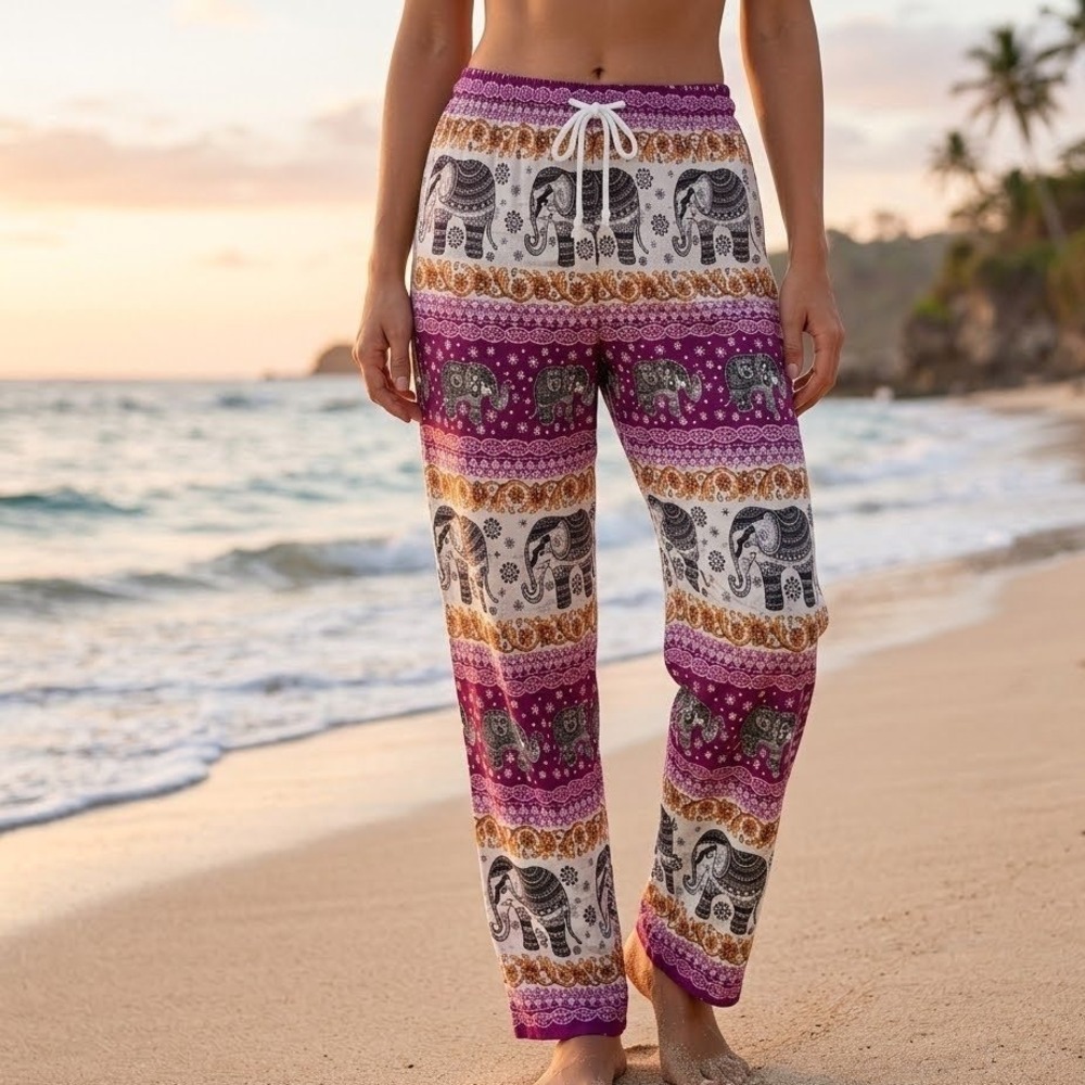 Thai Elephant Print‎ Harem Pants Womens One Size Pink Boho Festival Hippie Beach